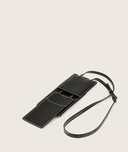 Load image into Gallery viewer, Opened view of Modular phone/card case, black, made from grape leather. Sustainable and vegan. Partition on the back for a mobile phone, slide partition on the front for cards and bills.