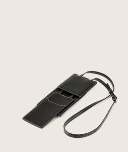 Opened view of Modular phone/card case, black, made from grape leather. Sustainable and vegan. Partition on the back for a mobile phone, slide partition on the front for cards and bills.