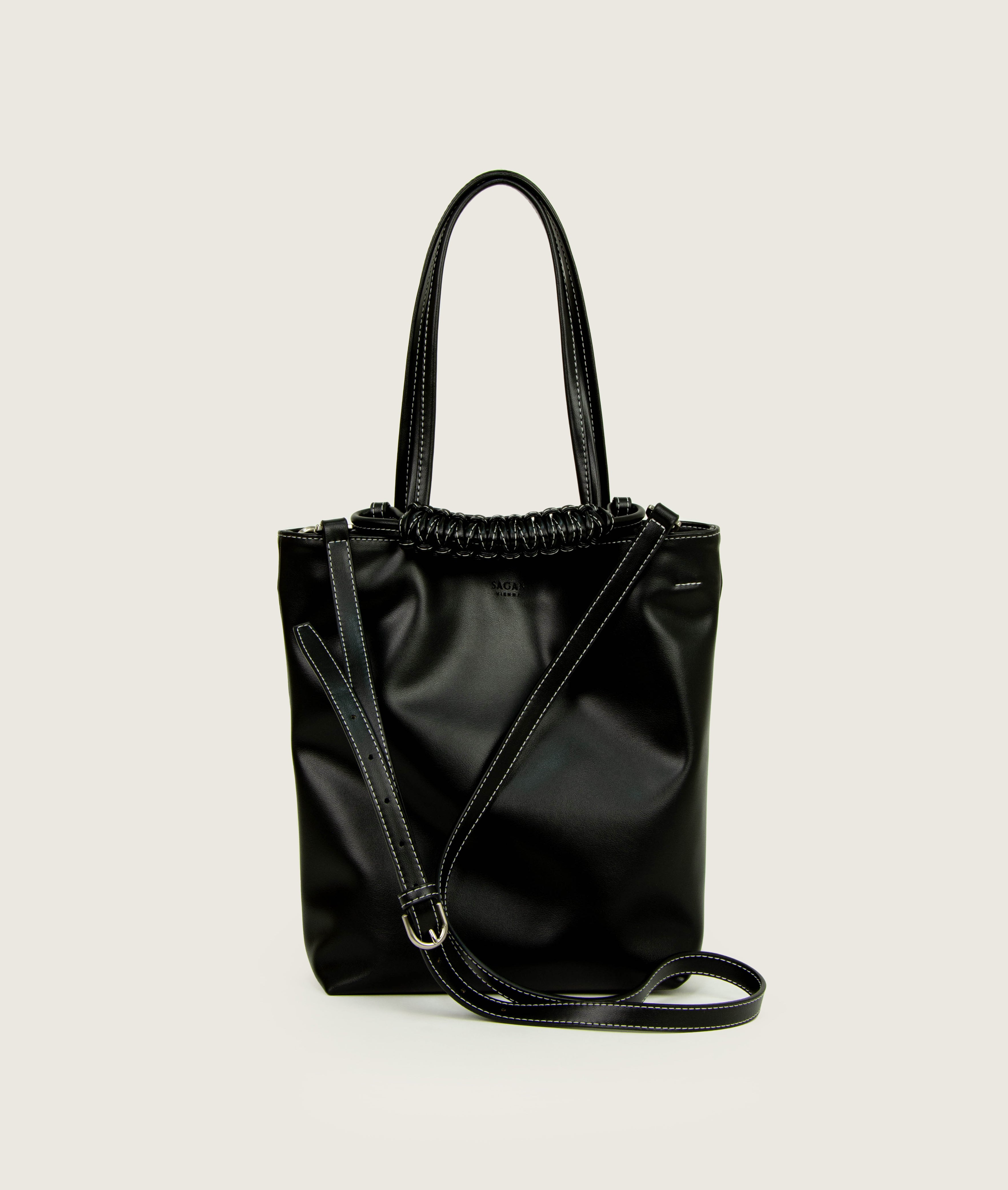 Pazar Tote Nano Grape leather Black with white stitching