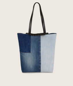 Pazar Tote Denim bag from re-used denim, sustainable, vegan Italian grape leather. jeans comes in slightly different shades, hand braided signature leather handle.