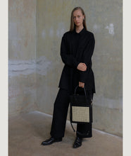 Load image into Gallery viewer, Vienna Shopper Tote bag in color black. Wiener Geflecht framed with Italian calf leather.  Long removable shoulder strap with signature hand knotted shoulder handle. Additionally short handle. Exquisite signature style. 