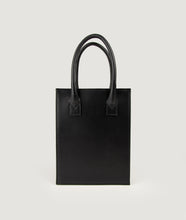Load image into Gallery viewer, Backside of Vienna Shopper Tote bag, size S in color black. Wiener Geflecht framed with Italian calf leather.  Long removable shoulder strap with signature hand knotted shoulder handle. Additionally short handle. Exquisite signature style. 