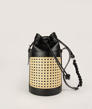 Load image into Gallery viewer, Vienna bucket bag, size M in black from Italian calf leather. Short signature hand knotted handle with additionally long thin removable shoulder strap. Inner pocket. D-key ring.