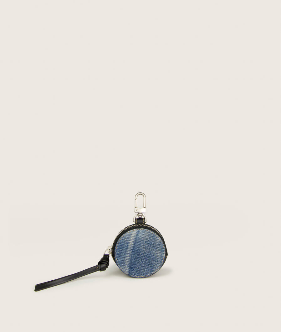 Front side of SAGAN Vienna round coin holder from re-used denim and vegan Italian grape leather. Jeans comes in different shades, every piece is unique. 
