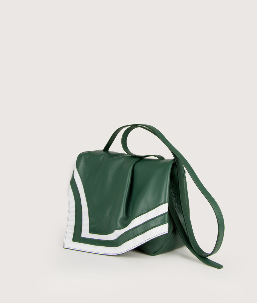 Scarf Crossbody bag in size M, green.white, made from smooth spanish lamb leather. Inspired by a draped scarf this style is very soft. This bag is perfect for carrying your most treasured goods.
