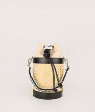 Load image into Gallery viewer, The Vienna bucket bag, size S in tricolor from Italian calf leather. Short signature hand knotted handle with additionally long thin removable shoulder strap. Inner pocket. D-key ring.