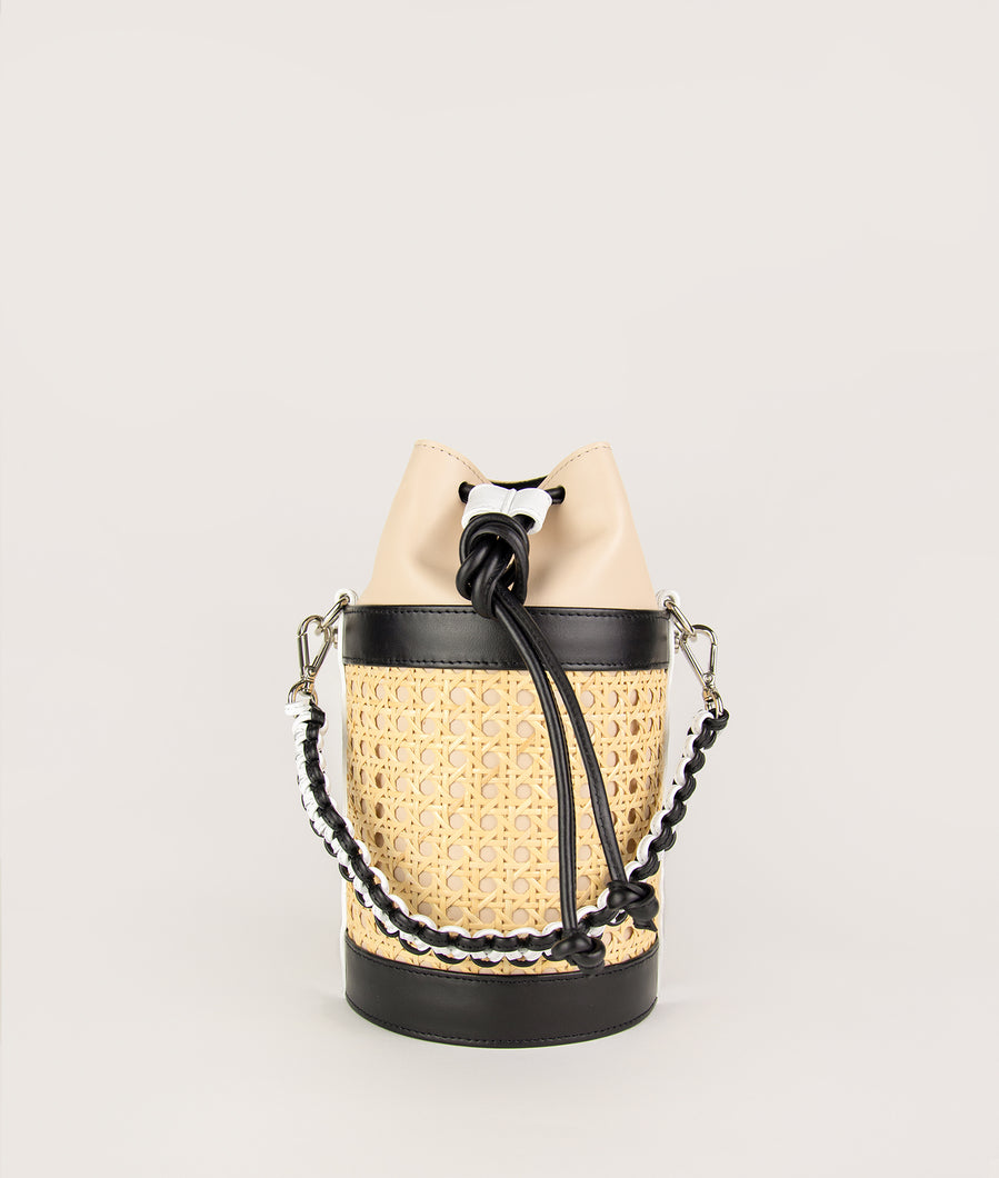 The Vienna bucket bag, size S in tricolor from Italian calf leather. Short signature hand knotted handle with additionally long thin removable shoulder strap. Inner pocket. D-key ring.