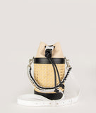 Load image into Gallery viewer, The Vienna bucket bag, size S in tricolor from Italian calf leather. Short signature hand knotted handle with additionally long thin removable shoulder strap. Inner pocket. D-key ring.